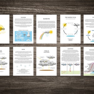 Pack d'études sur la météo et cartes flash - biologie - sciences - enseignement à domicile - imprimable en téléchargement numérique instantané - nuages, arcs-en-ciel, etc.