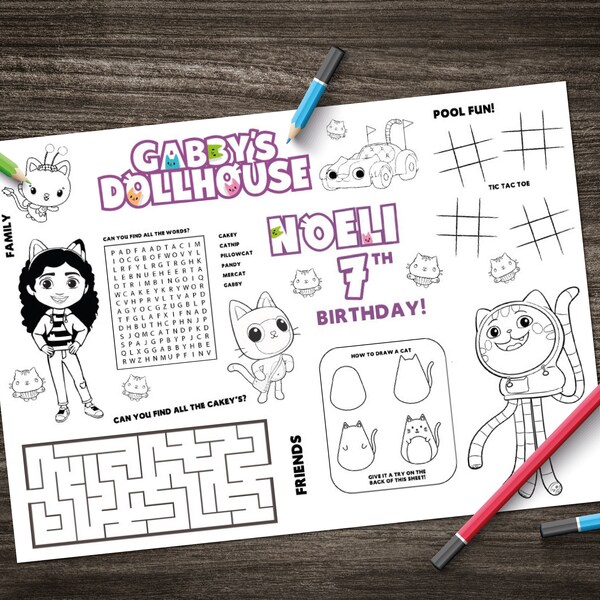 Personalised** Gabby's Dollhouse Activity Sheet Colouring Placemat -  instant digital download - personalised birthday party favour game