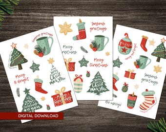 Christmas Sticker Sheets - party favours - Instant Digital Download - Print and Cut -  Printable stickers