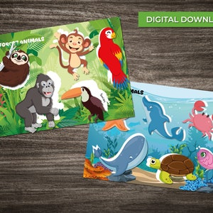 Pacchetto di attività di gioco di abbinamento habitat - gioco di abbinamento per bambini - foresta pluviale, deserto, artico, bosco, prateria, animali e creature oceaniche