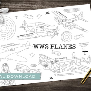 WW2 Planes Activity Sheet: Printable Coloring, Maze, & Counting (Digital Download)