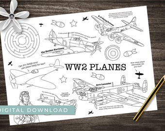 WW2 Planes Activity Sheet: Printable Coloring, Maze, & Counting (Digital Download)