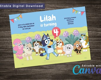 Invitación a la fiesta de cumpleaños de Bluey: ¡editable con Canva! Descarga digital