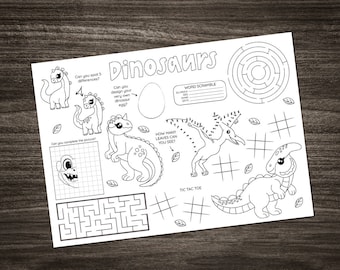 Dinosaur Activity Placemat: Printable Puzzle, Maze, Coloring (Digital Download)