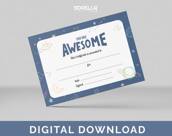 Certificado de Espaço para qualquer ocasião - aniversário, escola, casa, trabalho - download digital instantâneo