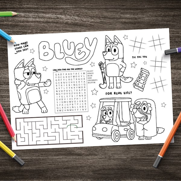 Bluey Activity Sheet Placemat - instant download digital art - printable - wordsearch, puzzle, maze, colouring