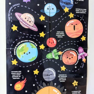 May include: A colorful educational poster about the solar system, featuring illustrations of planets, stars, and a sun with smiling faces. Includes text about each planet and space facts. The poster is designed for educational purposes.