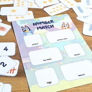 Bluey Number match learning sheet - educational tool - instant digital download - home school educating - number recognition, counting, math