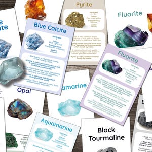 Tarjetas didácticas con datos sobre minerales de roca y piedras preciosas de cristal: herramienta educativa: ciencia, biología, cristalografía: descarga digital instantánea