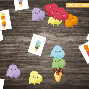 May include: A set of printable cards featuring colourful ice cream cones with cute faces. The ice cream cones are stacked with different coloured scoops of ice cream. There are also individual ice cream scoops with faces on them.