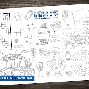 Scheda di attività di viaggio in GRECIA - download immediato di arte digitale - stampabile - da colorare, labirinto, conteggio, riconoscimento e molto altro!