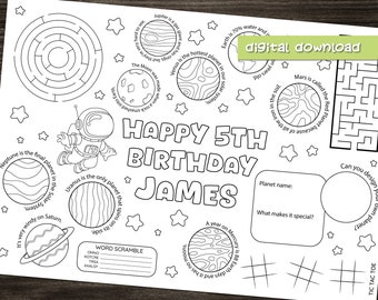 Personalised Space Activity Sheet Colouring Page  - digital download - birthday party favour