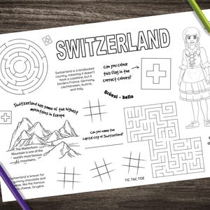 Könnte beinhalten: Eine Schwarz-Weiß-Malvorlage mit dem Wort "SWITZERLAND" oben. Die Seite enthält ein Labyrinth, eine Zeichnung eines Mädchens, die Schweizer Flagge, Berge und Tic Tac Toe. Der Text enthält "Grüezi - hello".