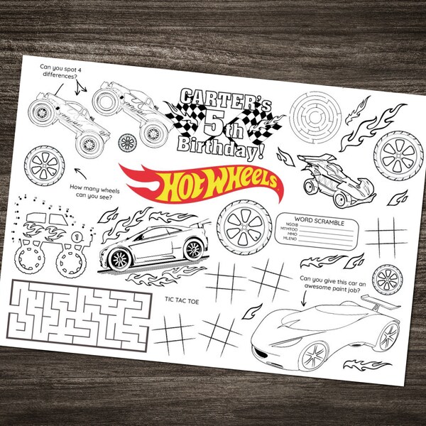 Hot Wheels Activity Colouring Page  -  digital download - personalised birthday party favour