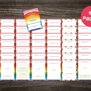 May include: A set of 56 pages for a primary school journal. The pages are decorated with colorful rainbow stripes and feature prompts for each year of primary school, including "My first day of Reception", "My first day of Year 1", and so on.