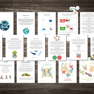 Op de afbeelding: Een set printbare educatieve werkbladen over het redden van de planeet. De werkbladen bevatten informatie over broeikasgassen, recyclen en het verminderen van plasticgebruik. De werkbladen zijn geïllustreerd met kleurrijke tekeningen van de aarde, bomen en andere milieu-thema's.