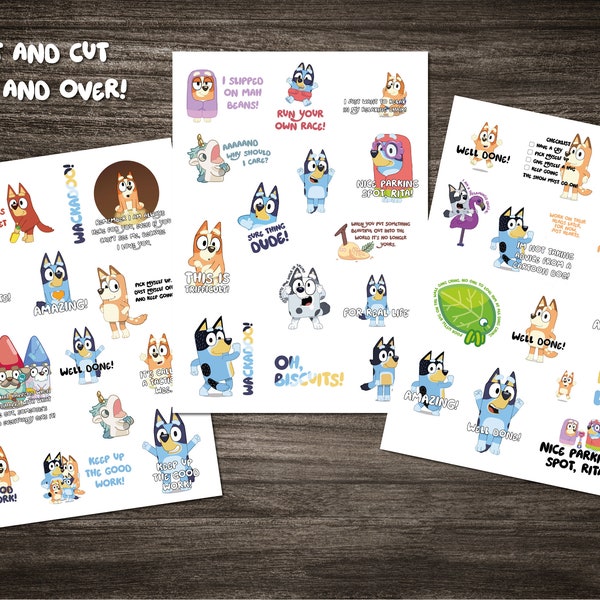 Bluey Sticker Sheets - fun encouragement - party favours - Instant Digital Download - Print and Cut - 42 stickers - Printable stickers