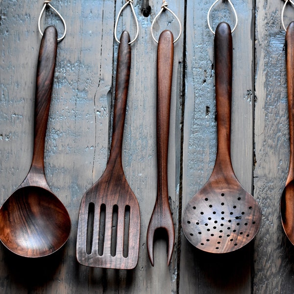 Utensilios de cocina de madera, utensilios de cocina únicos hechos a mano, skimmer de madera, laddle, tenedor, cuchara de madera, utensilios de madera, utensilios de cocina