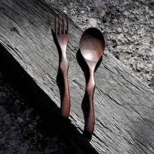 Unique wooden set, unique spoon and unique fork set, wooden cutlery, unique eating utensils, wooden utensils, black walnut eating utensils,