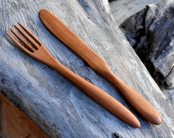 Juego de cubiertos de madera, tenedor y cuchillo, esparcidor de madera, cubiertos únicos, cuchillo artesanal, esparcidor de mantequilla, tenedor único, utensilios de cocina de madera
