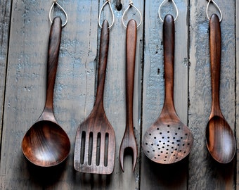 Utensilios de cocina de madera, utensilios de cocina únicos hechos a mano, skimmer de madera, laddle, tenedor, cuchara de madera, utensilios de madera, utensilios de cocina