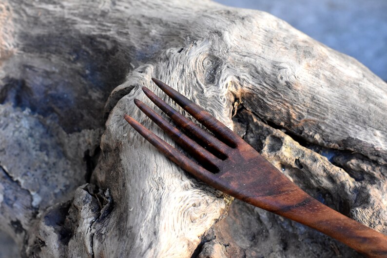 May include: A dark brown wooden fork with four tines, resting on a piece of weathered driftwood.