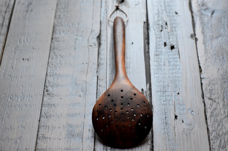 Wooden skimmer, Handcrafted utensil, wooden spoon, Laddle with holes,spoon with holes, serving spoon, cooking spoon, serving utensils walnut image 6