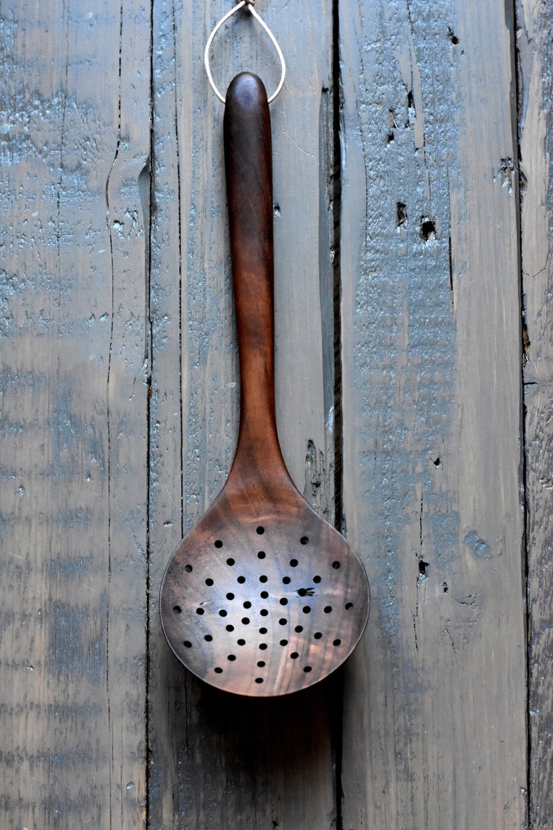 Wooden skimmer, Handcrafted utensil, wooden spoon, Laddle with holes,spoon with holes, serving spoon, cooking spoon, serving utensils walnut image 3