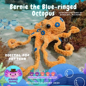 Può includere: Un polpo arancione all'uncinetto con dettagli blu, chiamato "Bernie the Blue-ringed Octopus". L'immagine include testo che indica un modello PDF digitale di Asholotl Alchemy, con un livello di difficoltà "Advanced Beginner".