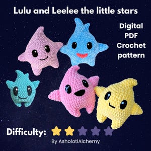 May include: Image of five crocheted star-shaped toys in shades of pink, blue, turquoise, and yellow, each with black eyes and a smiling mouth. The text reads "Lulu and Leelee the little stars" and "Digital PDF Crochet pattern".