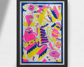 May include: A colorful illustration of cartoon characters with a pink, yellow, and blue color scheme. The characters are skateboarding and riding a banana. The illustration includes the text "NOTHING IS IMPOSSIBLE".