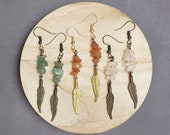 Feathers with Gemstones Earrings, Natural Stone Feather Charm Dangle Earrings, Rustic Native American Indian Jewelry, Southwestern Style