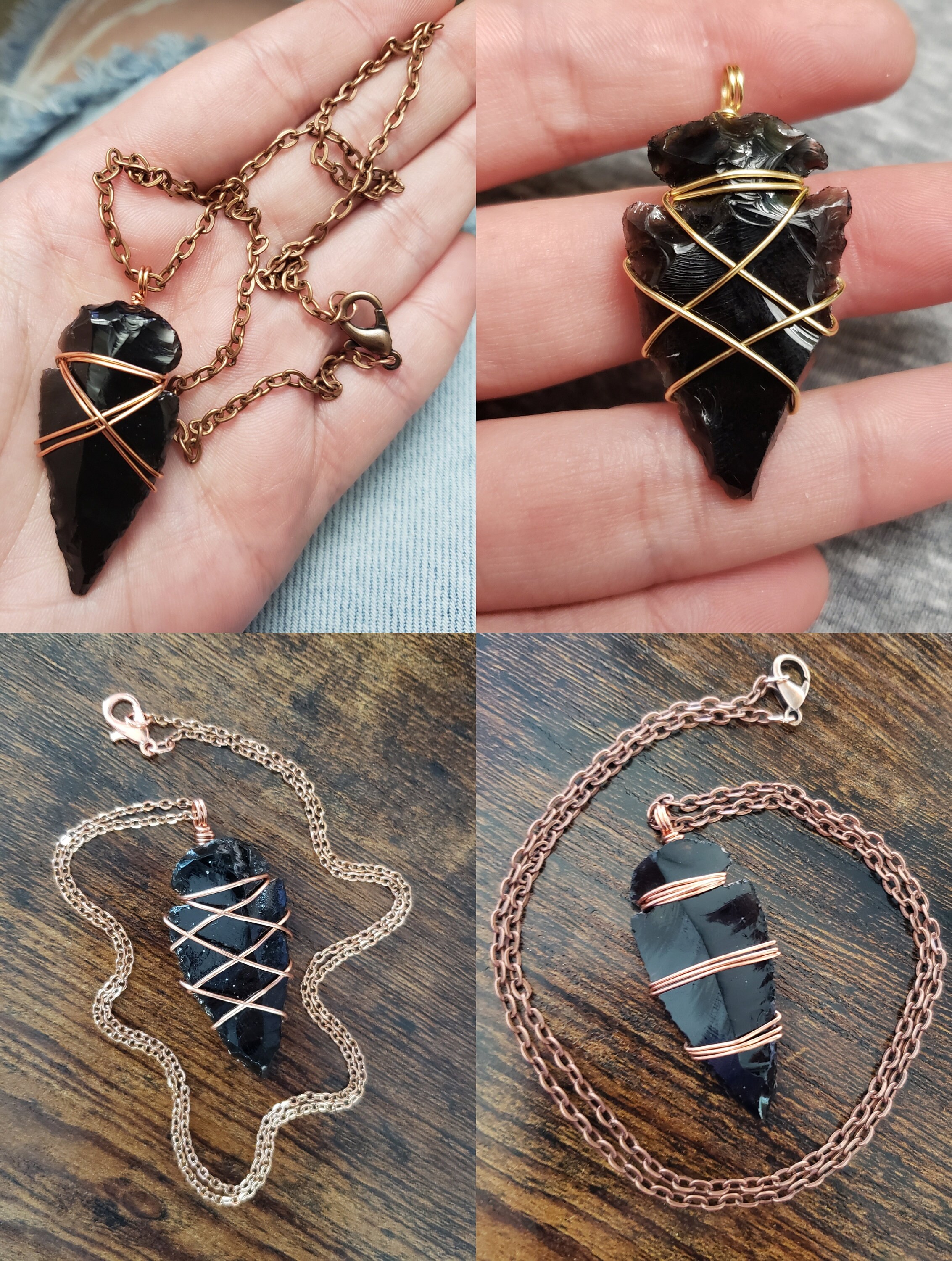 Black Obsidian Arrowhead Necklace Handcrafted Wire Wrapped 