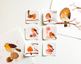 Handmade Christmas stickers - Set of 6 Robins