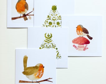 Set 5 Christmas/Winter cards, Robins and Folk Christmas Trees