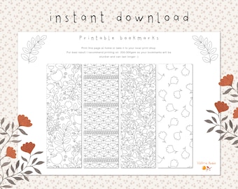 Folk Flowers - colouring version, Set of 4 printable bookmarks, instant download