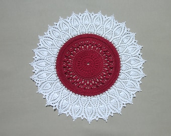 White And Red Lace Doily 14", Crochet Table Decor,Farmhouse Lace Crochet Doily, Aesthetic Room Decor, Apartment Decor, Cottagecore Decor