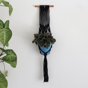 Könnte beinhalten: Schwarzer Makramee-Pflanzenhänger mit einem blauen Topf und einer grünen Pflanze, die an einer Holzleiste an einer weißen Wand hängt.