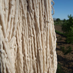 May include: Close-up of a white cotton rope hanging in a field. The rope is woven in a tight pattern and has a natural, rustic look.