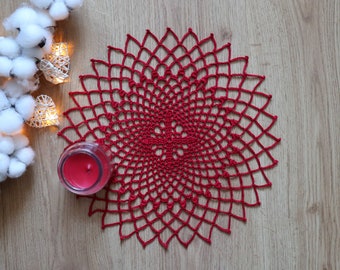 Red Crochet Doily, Small Lace Doily, Table Decor