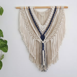 Beige / Blue Macrame Wall Hanging, Craft Room Decor, Living Room Wall Decor, navy blue decor, cobalt blue decor, denim blue decor
