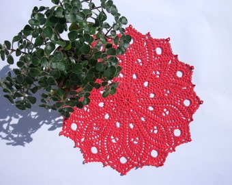 Red Lace Doily 12 Inches, Round Crochet Doily, Coffee Table Decor, Key Placemat,  Grandma Gift Idea