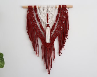 Terracotta Macrame Wall Hanging: Beige Cotton Rope, Wood Dowel