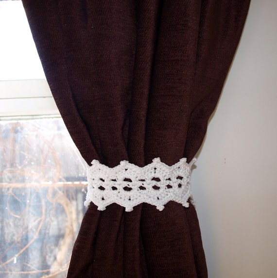 White Lace Tiebacks With Button Crochet Curtain Tie Back Pair Etsy