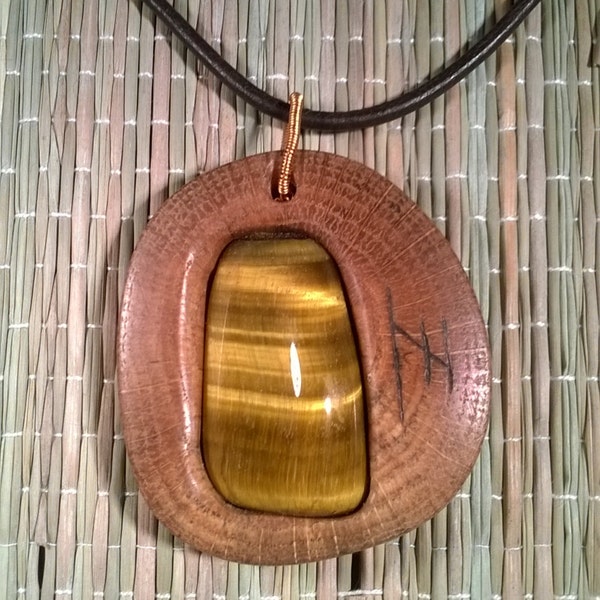 Rune pendant. Bindrune.Tiger's eye gemstone. Pagan pendant. Viking jewelry. Elder Futhark runes. Rune charm. Mystic jewelry. Celtic pendant.