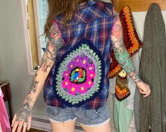 Upcycled Crochet Sleeveless Flannel
