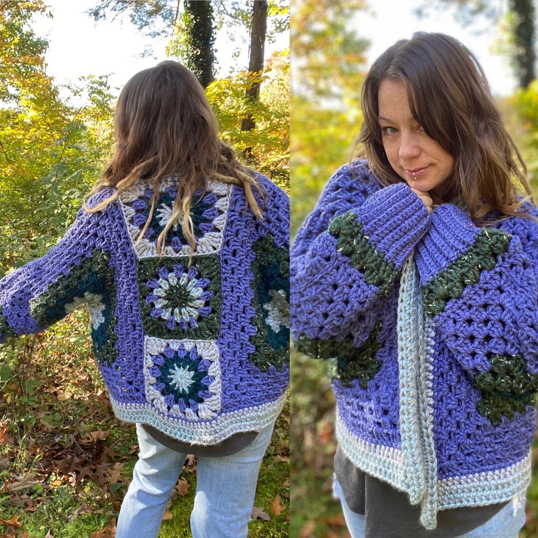 Two Tone Floral Square Crochet Open Knit Cardigan (Plus)