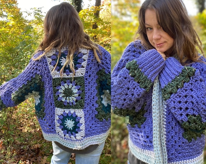 Two Tone Floral Square Crochet Open Knit Cardigan