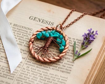 Godmother Gift Necklace, Tree of Life Copper Turquoise Pendant