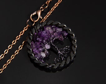 Iron Tree of Life Pendant, Amethyst, 6th Anniversary Gift